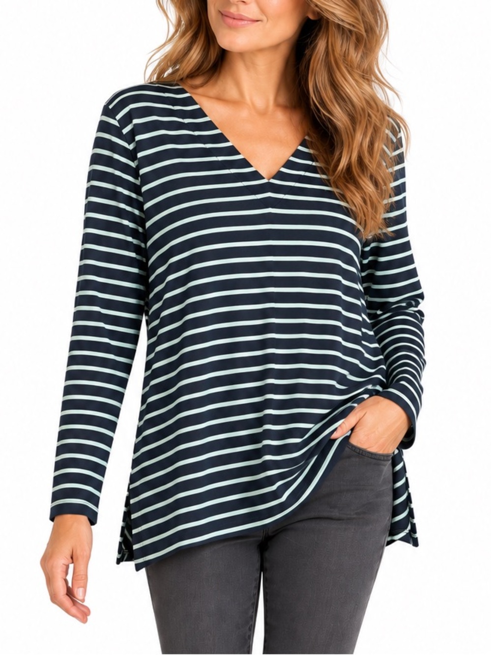 J.Jill Wearever Navy Blue and Green Striped V-Neck Tunic Top Size Large